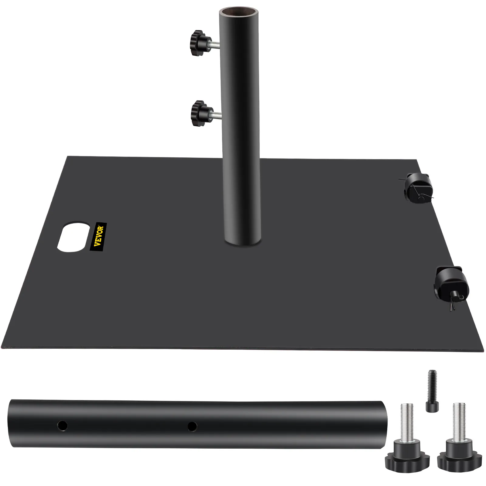 Base de sombrilla VEVOR con poste ajustable y acabado negro, con perillas de seguridad.