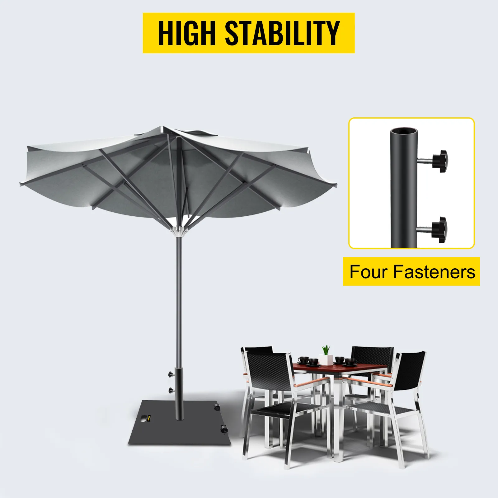 Base de sombrilla VEVOR con cuatro fijaciones para una gran estabilidad para muebles de patio.