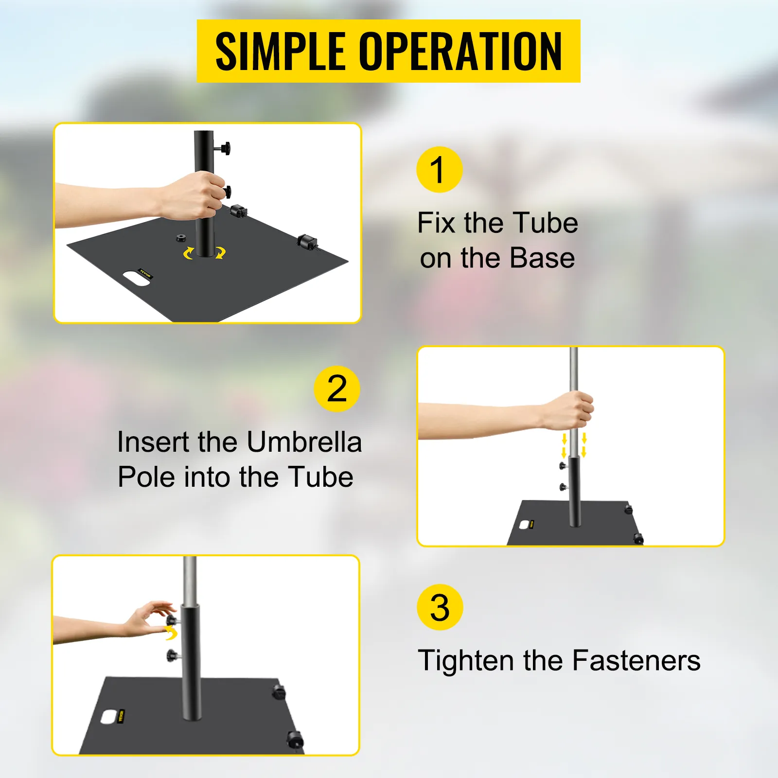 Pasos sencillos para instalar una base de sombrilla VEVOR: fijar el tubo, insertar el poste y apretar los sujetadores.