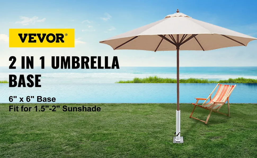 VEVOR umbrella base by poolside with umbrella and deck chair on grass