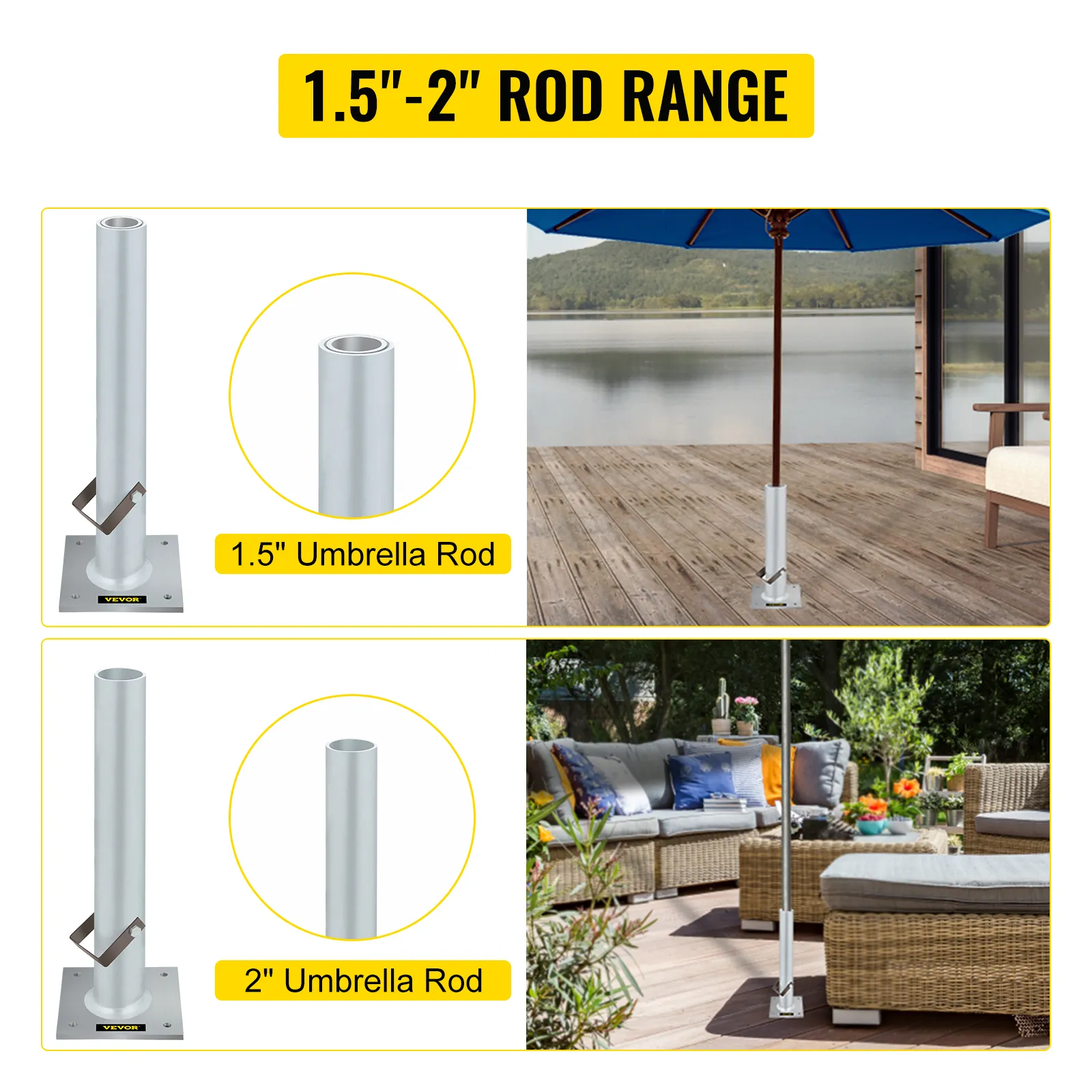 VEVOR umbrella base fitting 1.5"-2" rods on patio and deck setups.