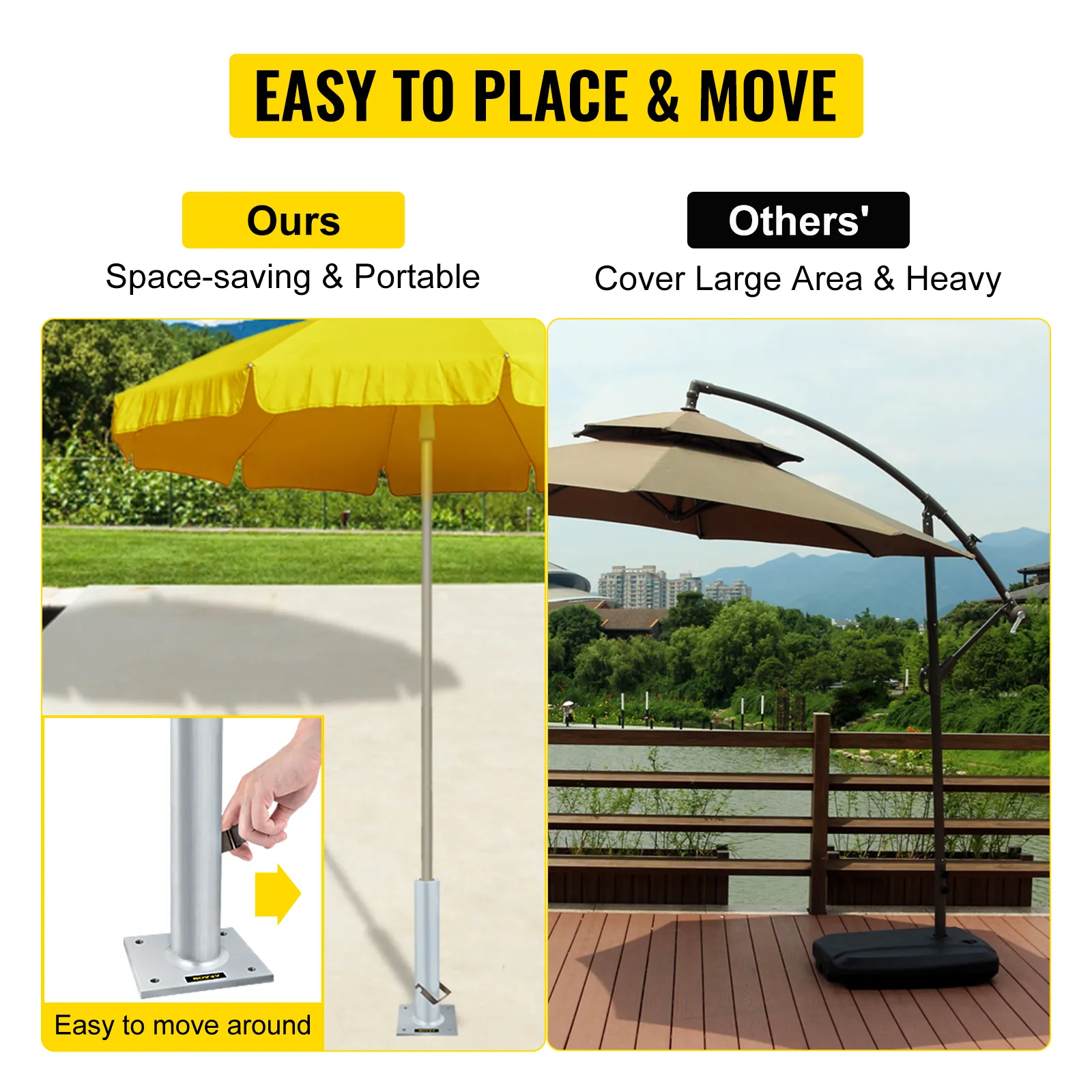 VEVOR umbrella base: easy to place, space-saving, and portable vs large and heavy.