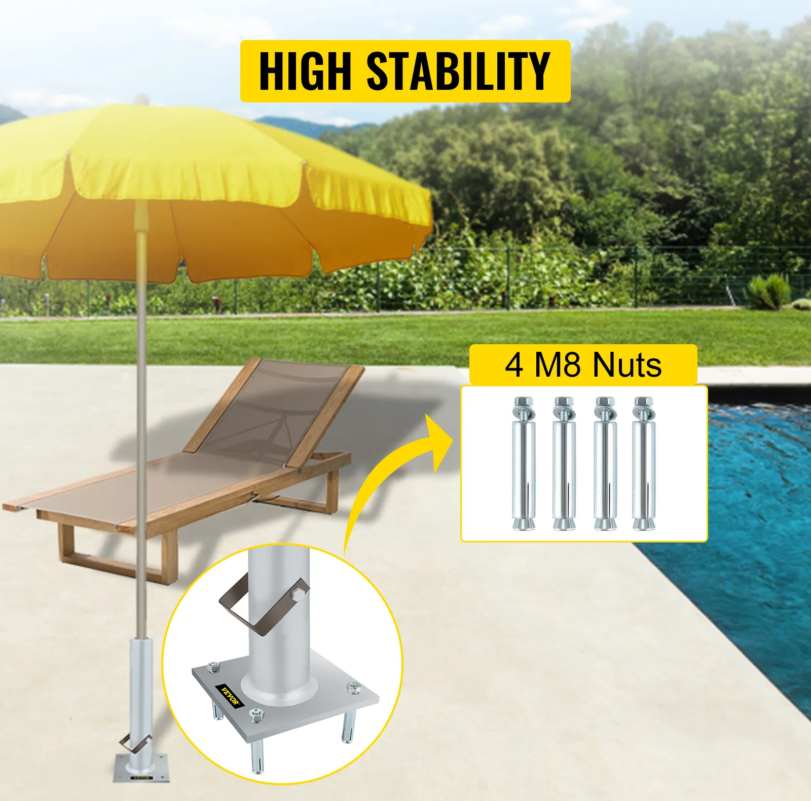 VEVOR umbrella base with yellow umbrella, deck chair, and 4 m8 nuts by a poolside.