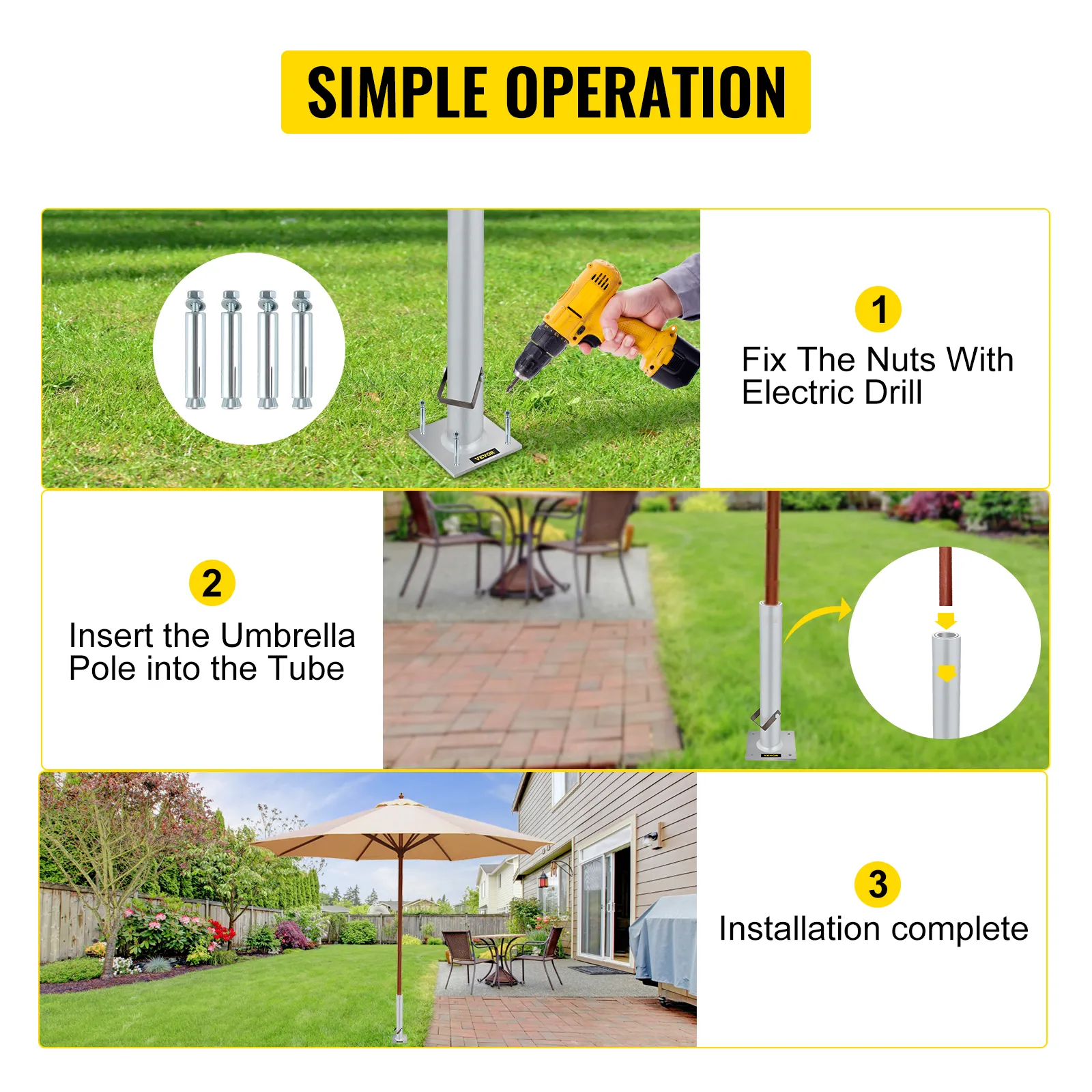 VEVOR umbrella base setup: fix nuts with a drill, insert the pole, and installation complete.