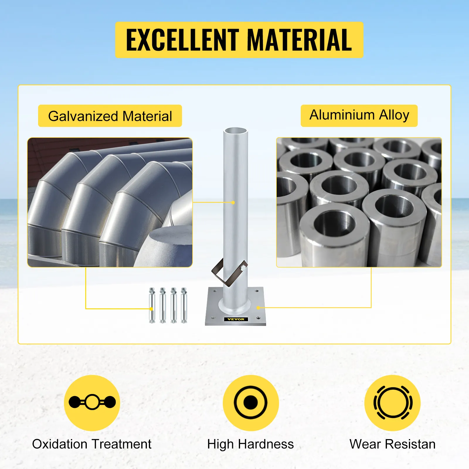 VEVOR umbrella base with galvanized and aluminum alloy material, high hardness and wear resistance.