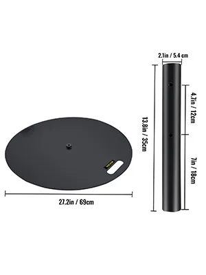 Base de sombrilla VEVOR, placa redonda con dimensiones, que muestra medidas de los componentes.