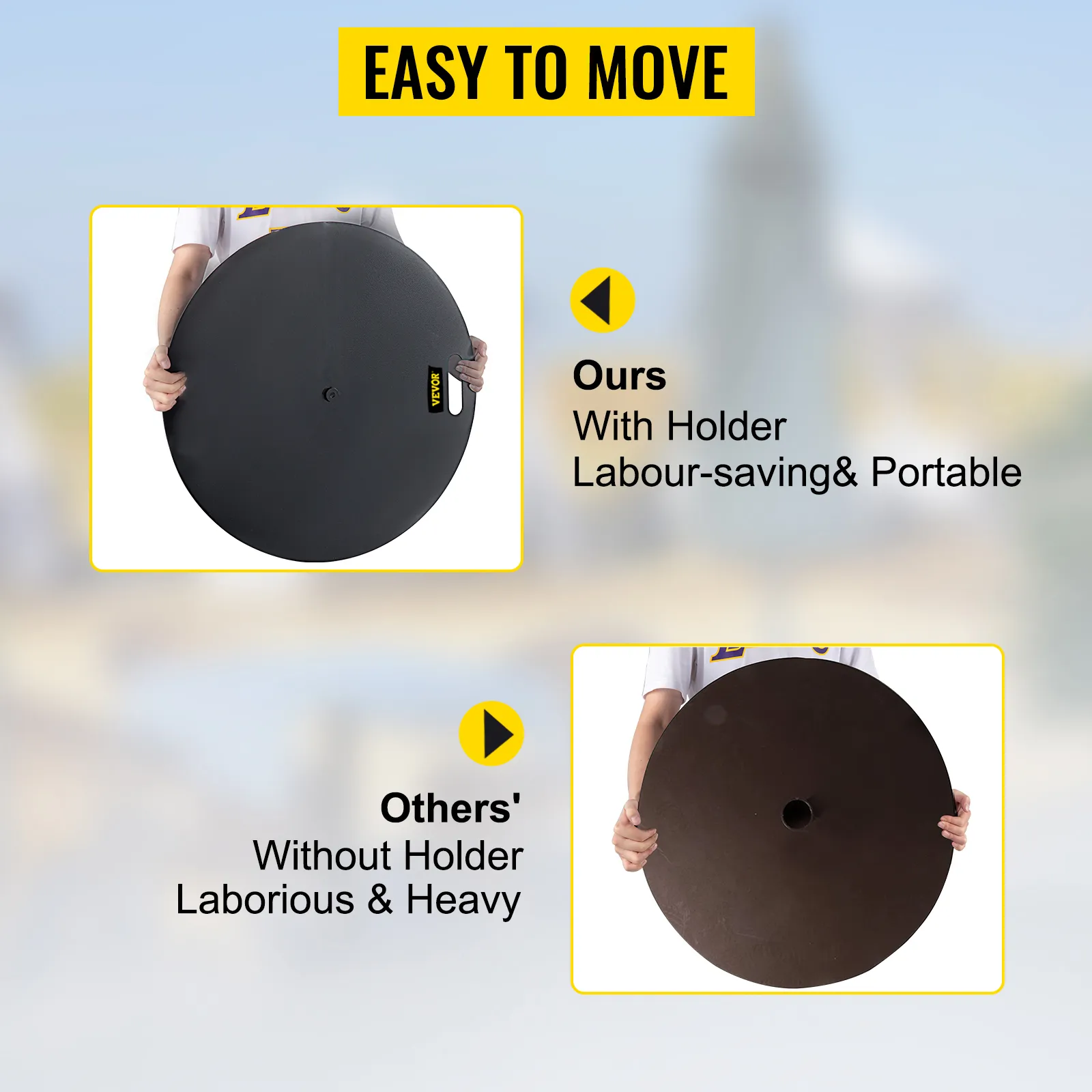 Base de sombrilla VEVOR fácil de mover con soporte, en comparación con otras bases laboriosas y pesadas.