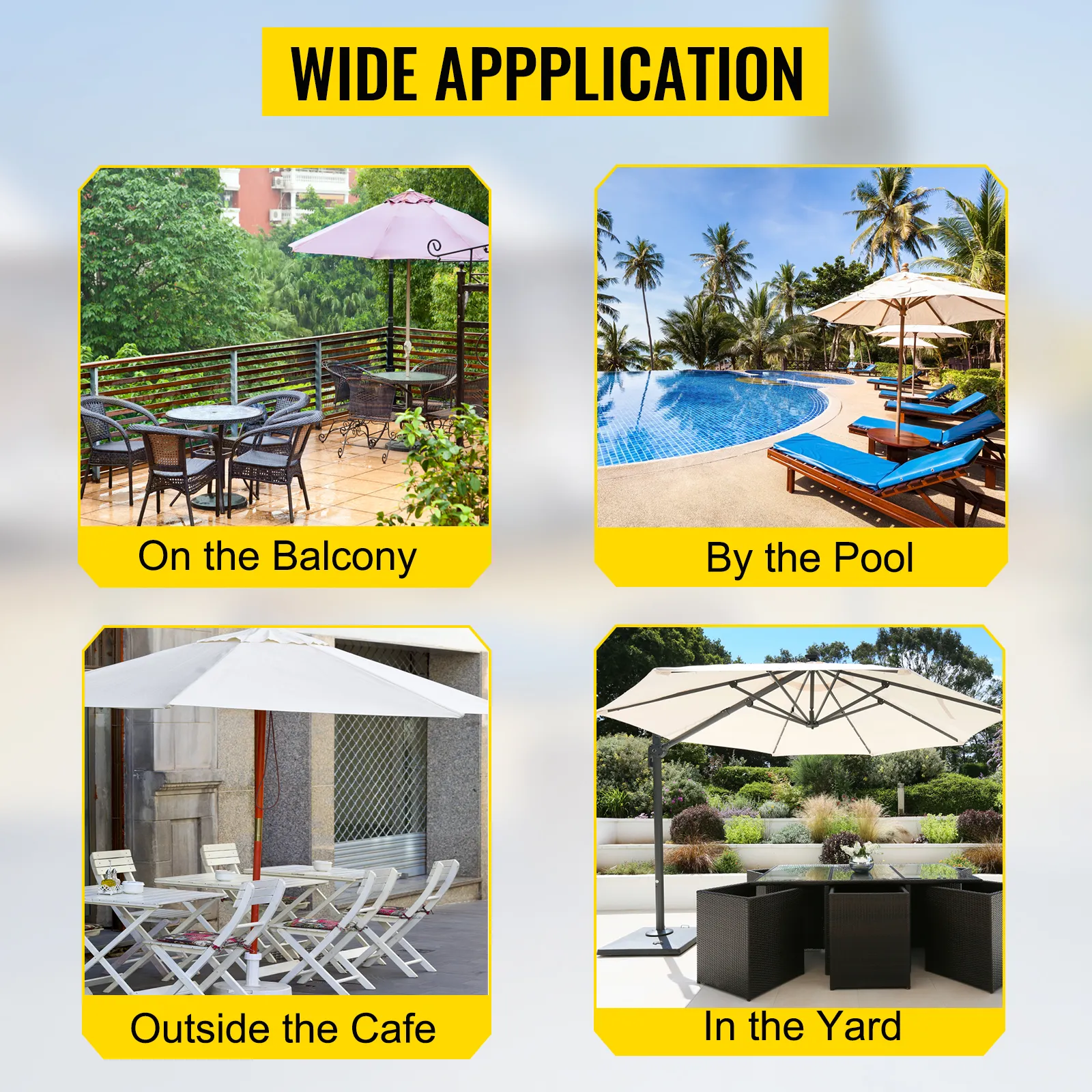 Base de sombrilla VEVOR, uso versátil en balcones, piscinas, cafeterías y patios.