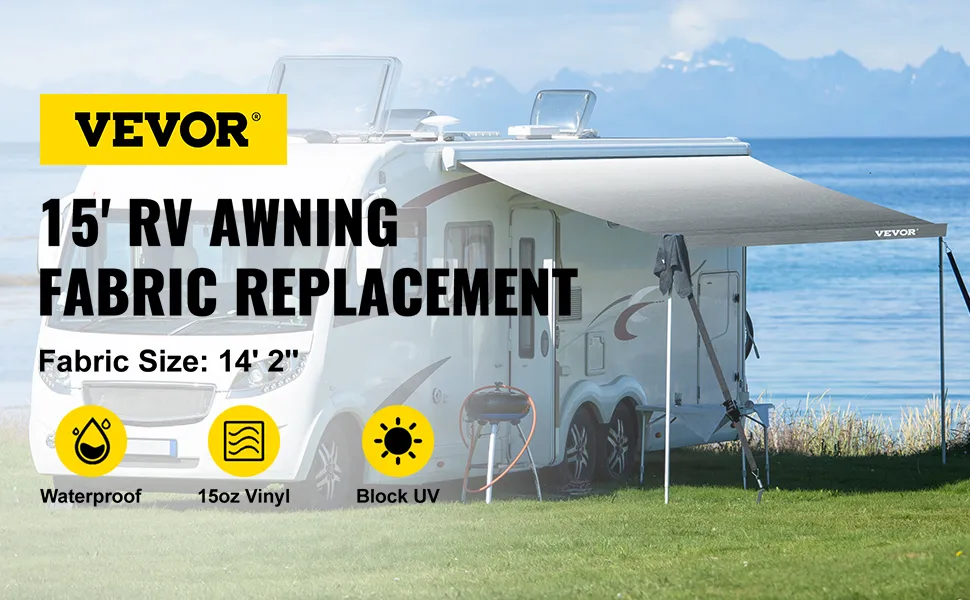 VEVOR rv awning fabric replacement on a white rv by a scenic lake.