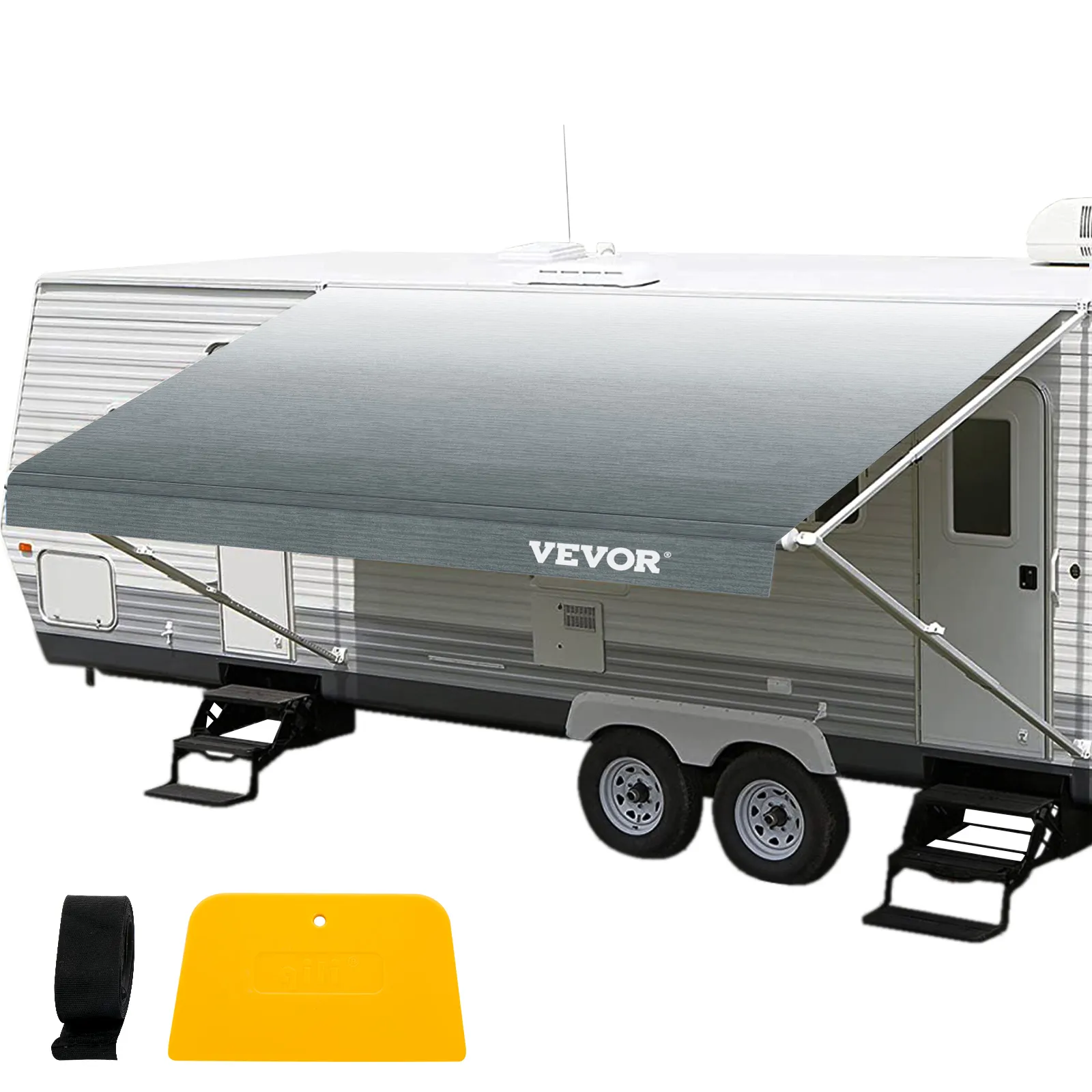 VEVOR rv awning installed on a travel trailer with accessories.