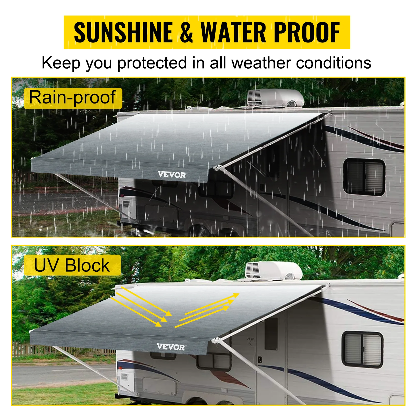 VEVOR rv awning providing rain and uv protection for any weather conditions.