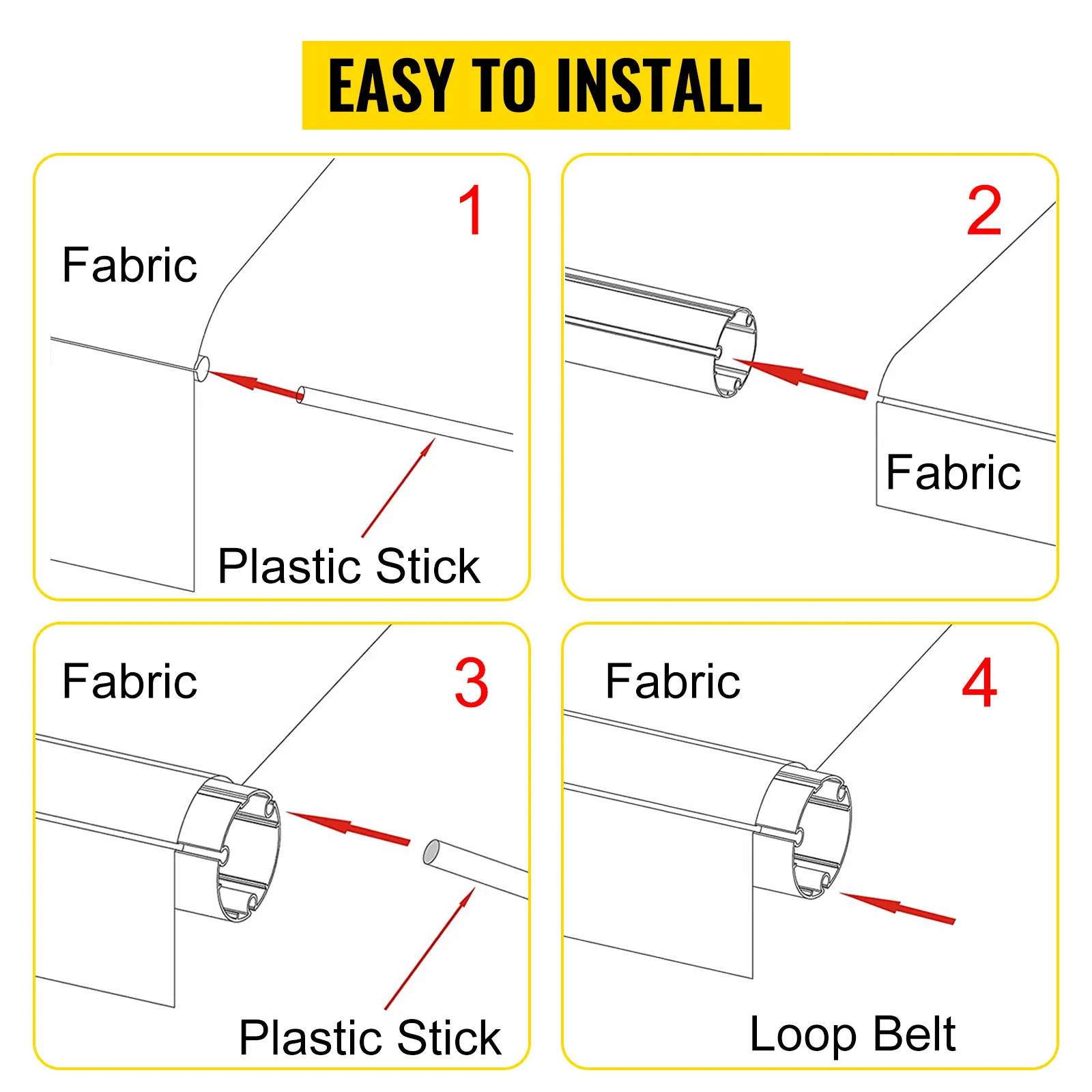 easy installation steps for VEVOR rv awning with plastic stick and loop belt.