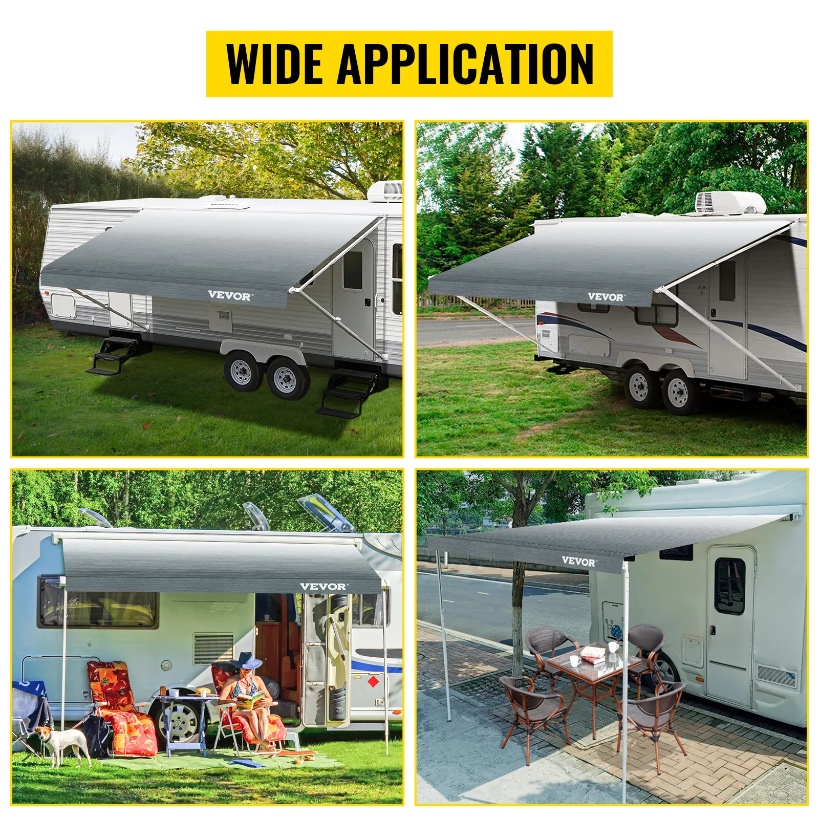 VEVOR rv awning in use on different rv models, showcasing versatility.
