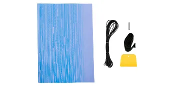 VEVOR rv awning kit with blue fabric, black cords, and yellow scraper on white background.