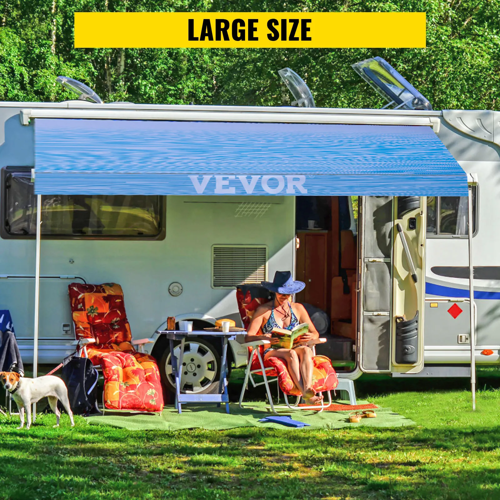 VEVOR rv awning providing shade for a relaxing outdoor setup with chairs and a dog.