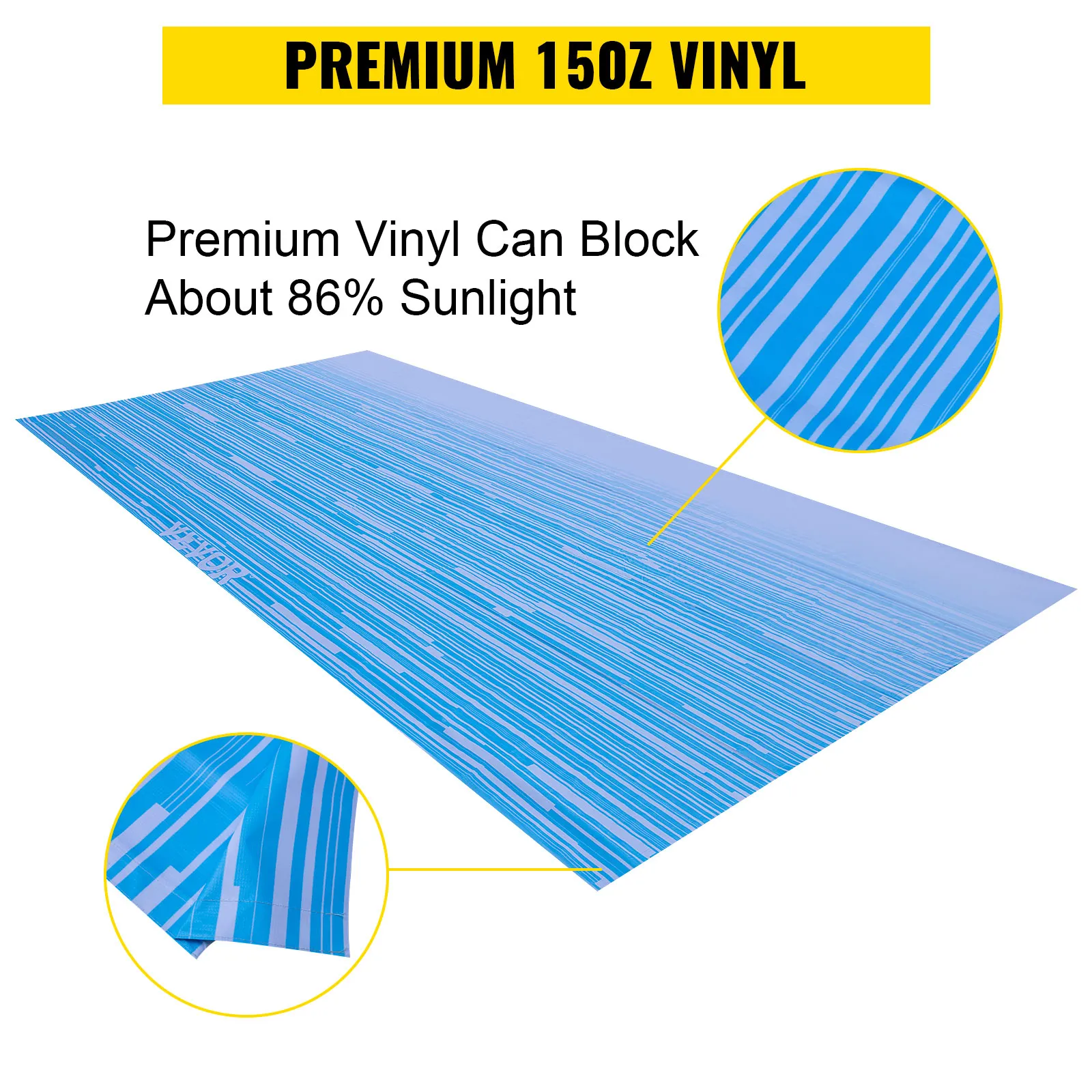 VEVOR rv awning, premium 15oz vinyl, blocking about 86% sunlight with blue stripes.