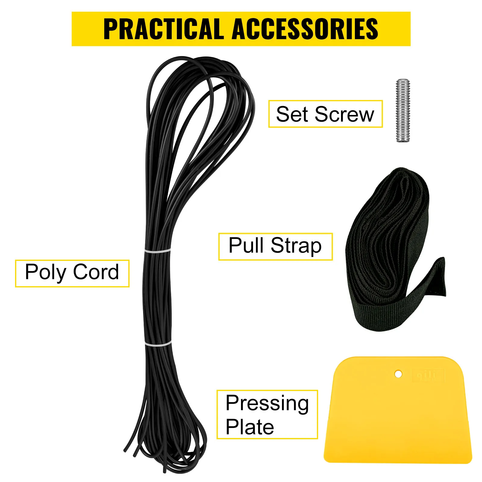 VEVOR rv awning accessories: poly cord, pull strap, set screw, and pressing plate.