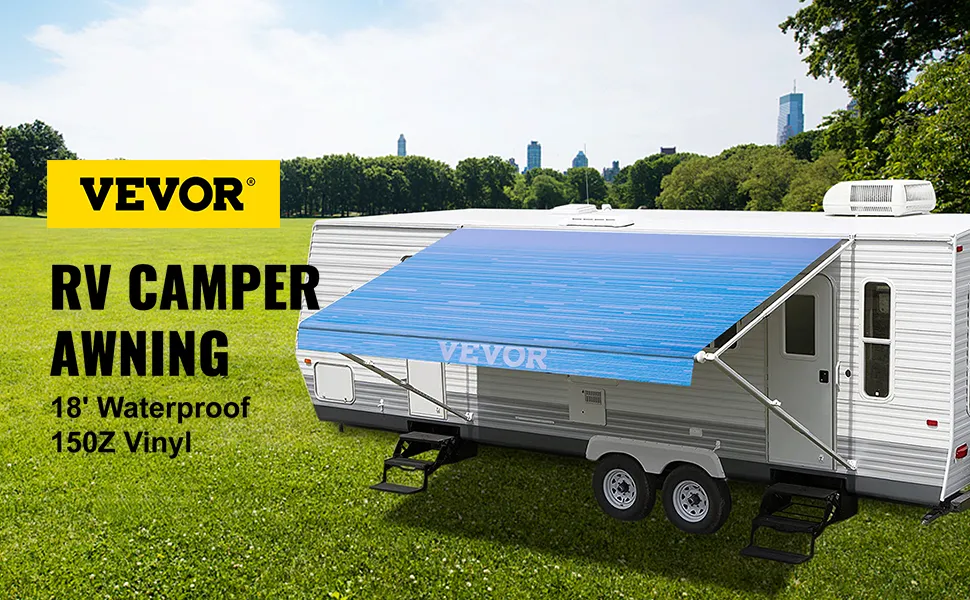 VEVOR rv awning on camper in a green park with city skyline in the background.