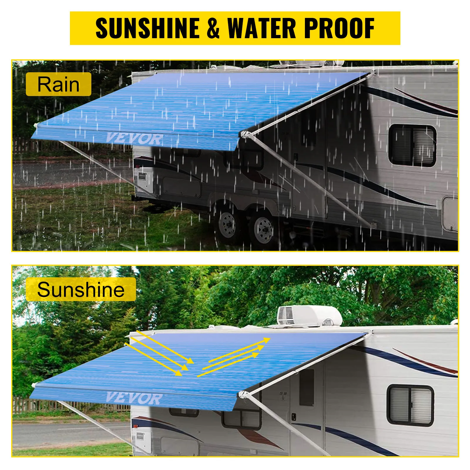VEVOR rv awning with sunshine and rain protection on a parked rv.