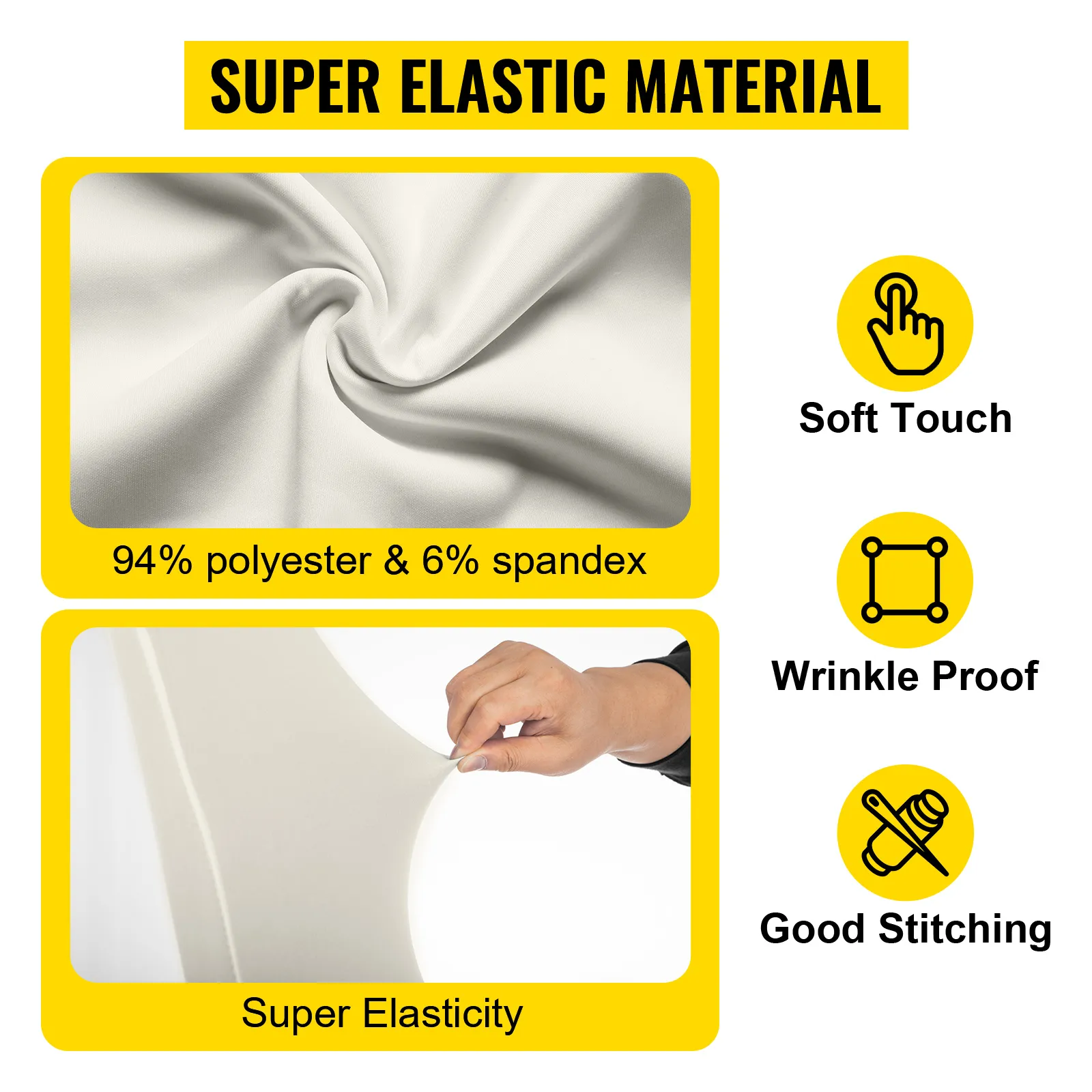 VEVOR chair covers: super elastic material, soft touch, wrinkle proof, good stitching.