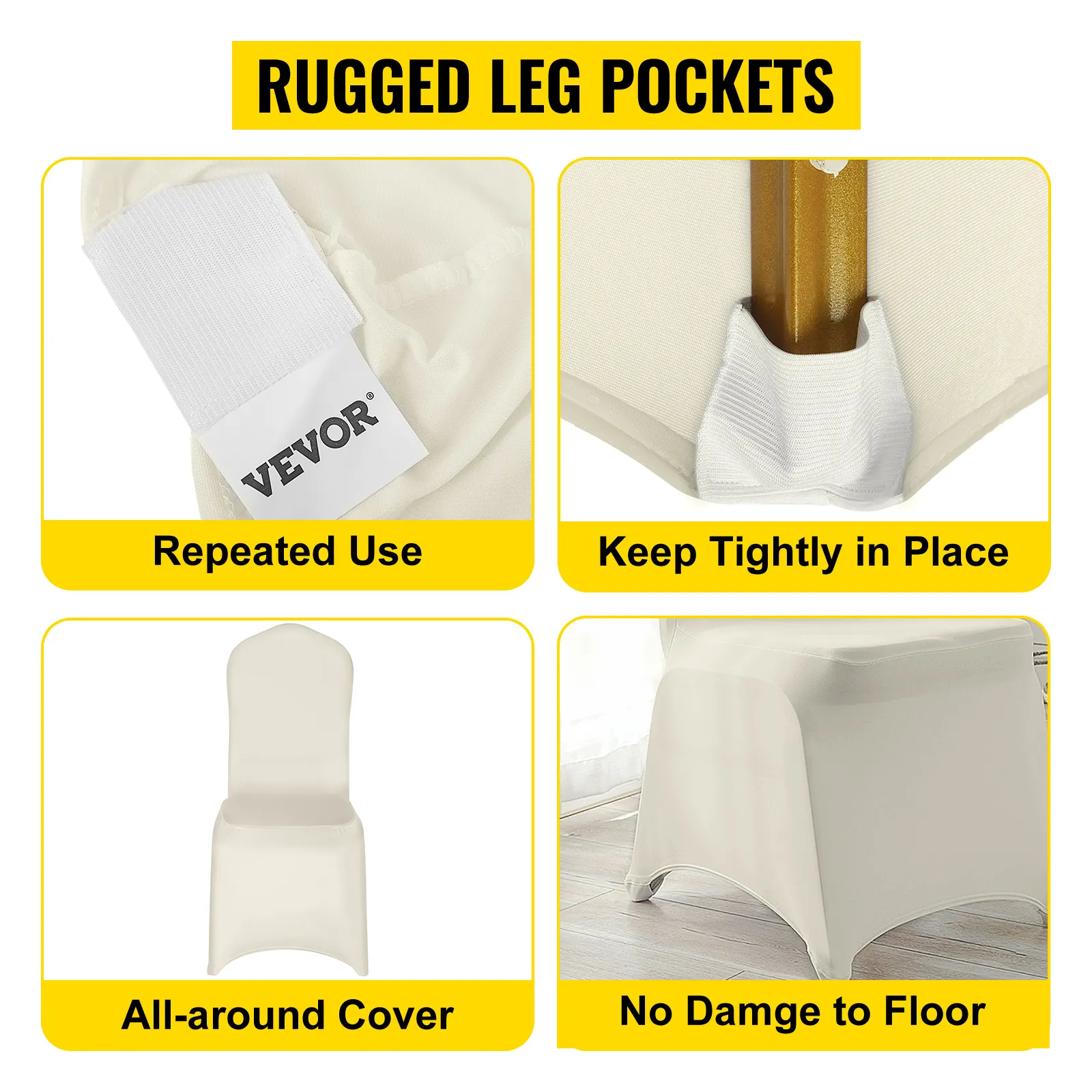 rugged leg pockets on VEVOR chair covers for repeated use, stability, and floor protection.