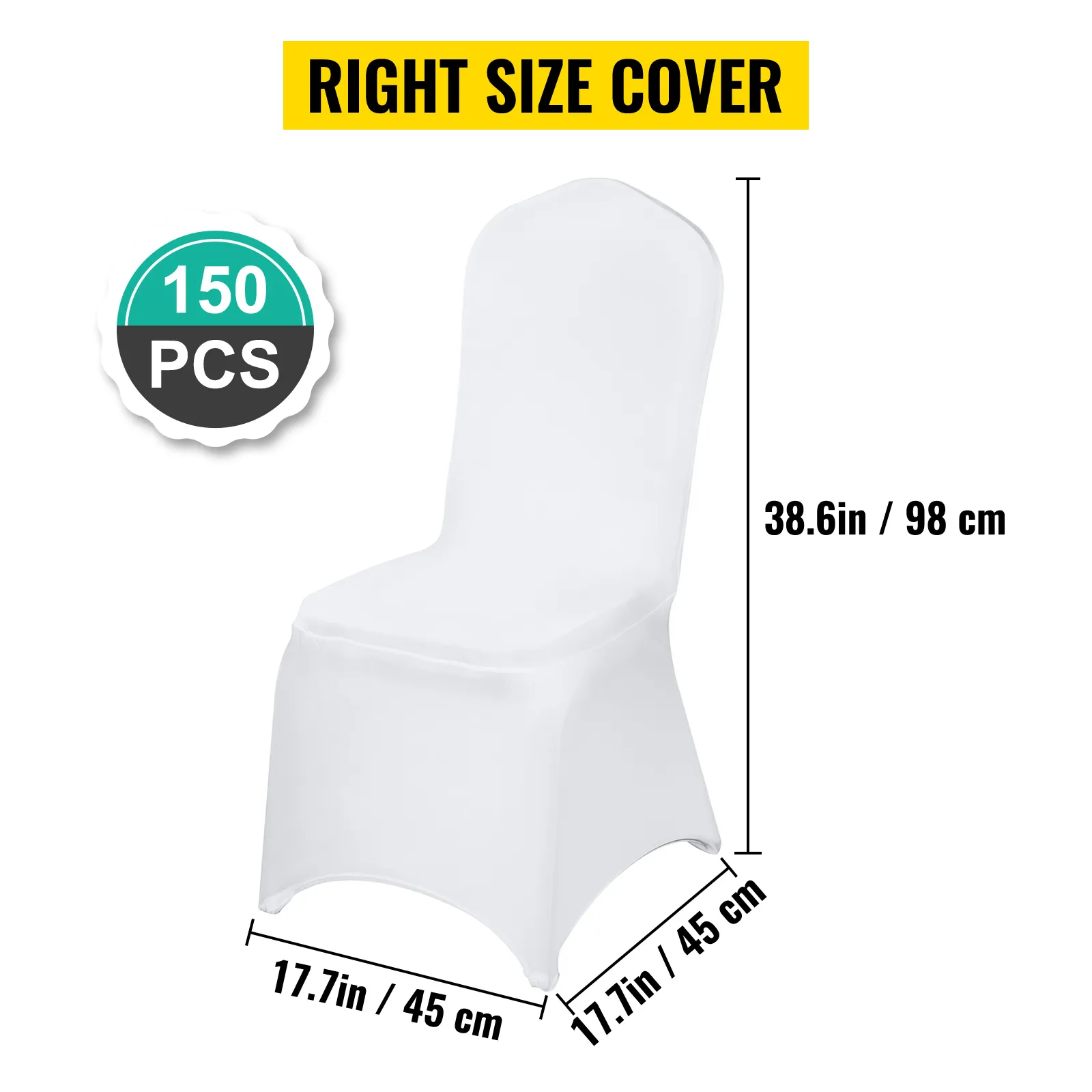 white VEVOR spandex chair covers, pack of 150, with dimensions 98 cm x 45 cm.