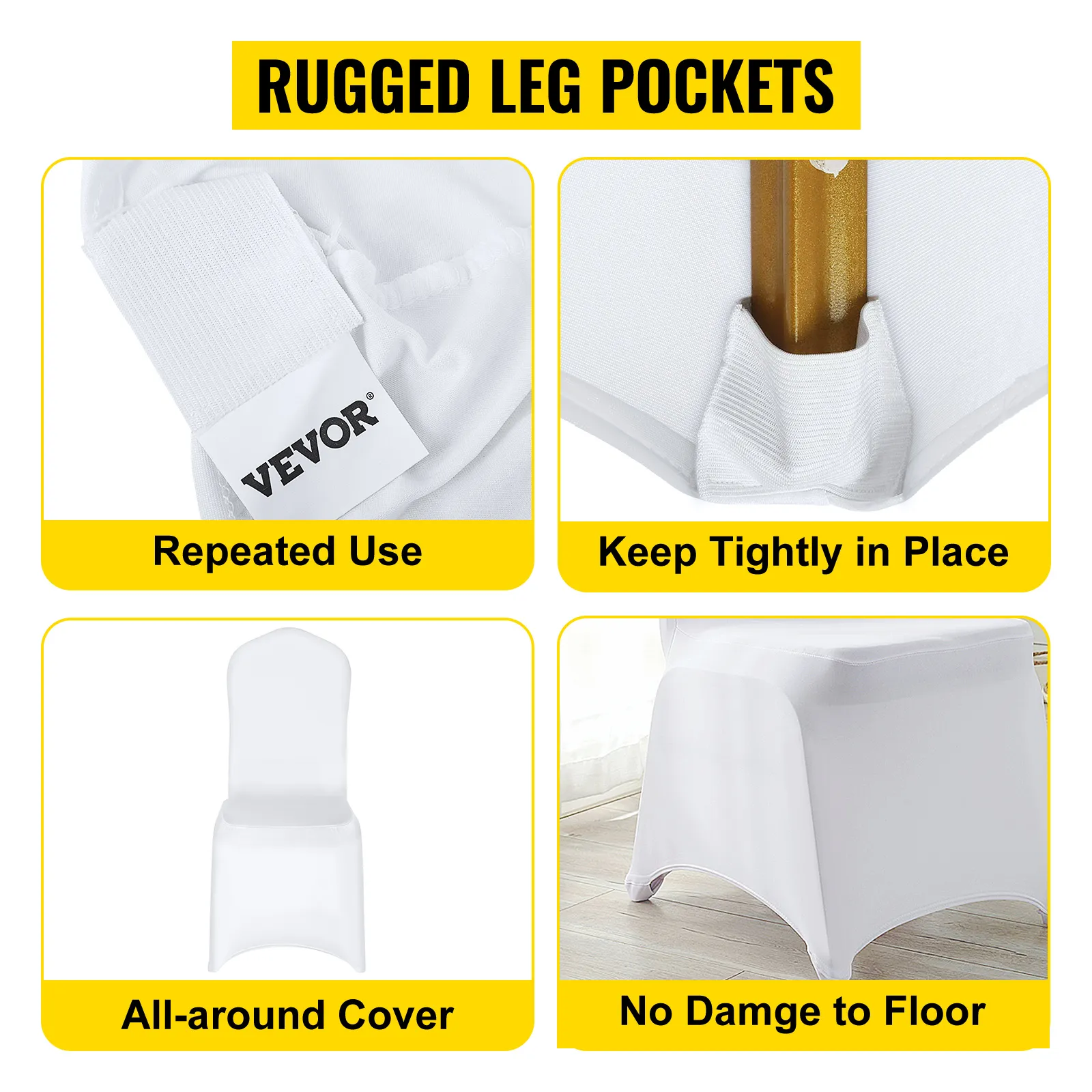 VEVOR spandex chair covers showing rugged leg pockets for repeated use and floor protection.