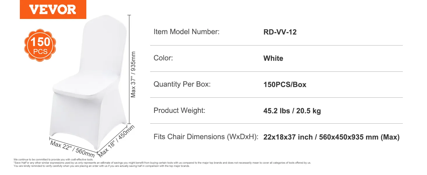 VEVOR spandex chair covers in white, 150 pieces per box, fits 22x18x37 inch chairs.