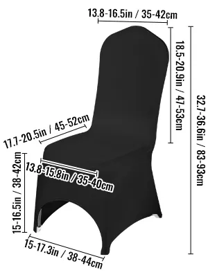 Fundas de silla negras VEVOR con dimensiones mostradas.