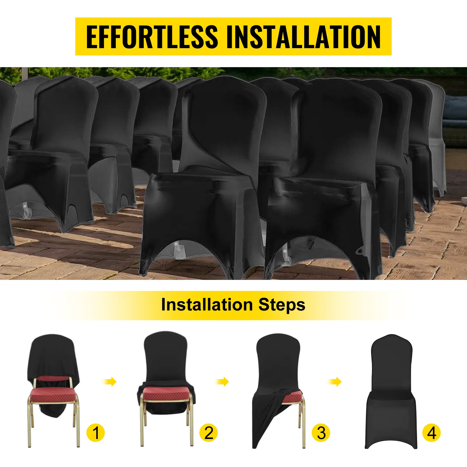 Sillas negras cubiertas con fundas para sillas VEVOR, pasos de instalación ilustrados a continuación.