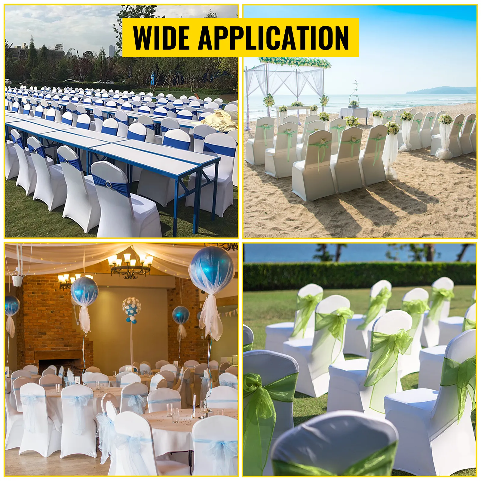 Fundas para sillas VEVOR en diversos entornos de eventos: exteriores, playa y decoraciones interiores.