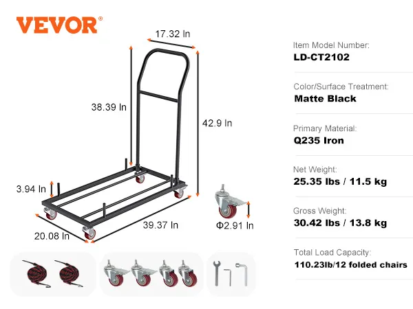 VEVOR folding chair dolly, matte black, q235 iron, 110.23lb capacity, 39.37"x20.08"x42.91".