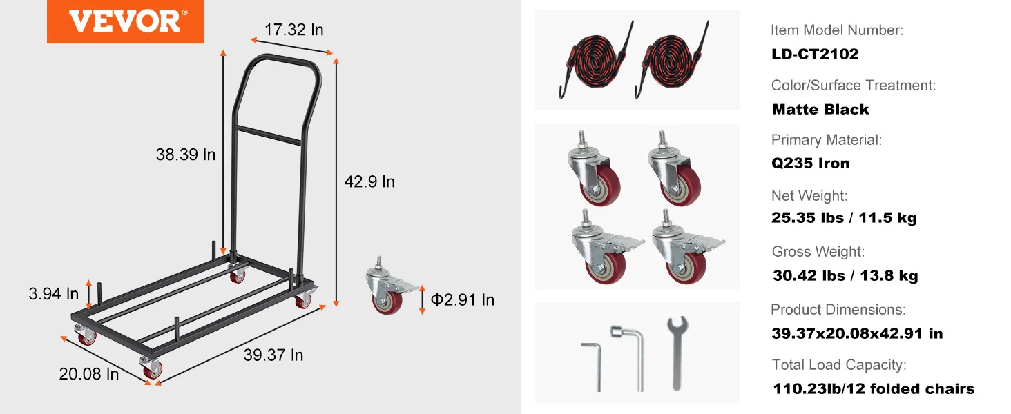 VEVOR folding chair dolly, matte black, q235 iron, 110.23lb capacity, 39.37"x20.08"x42.91".
