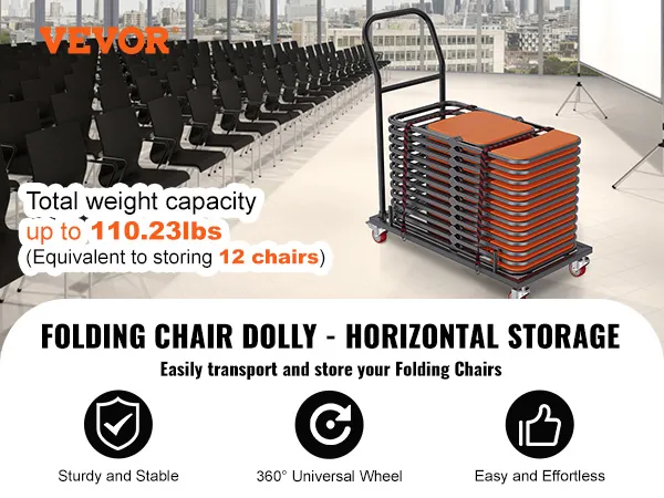 VEVOR folding chair dolly with horizontal storage, transporting 12 chairs, in a conference room setting.