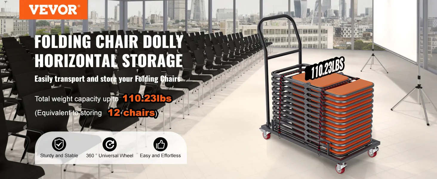 VEVOR folding chair dolly with horizontal storage, transporting 12 chairs, in a conference room setting.