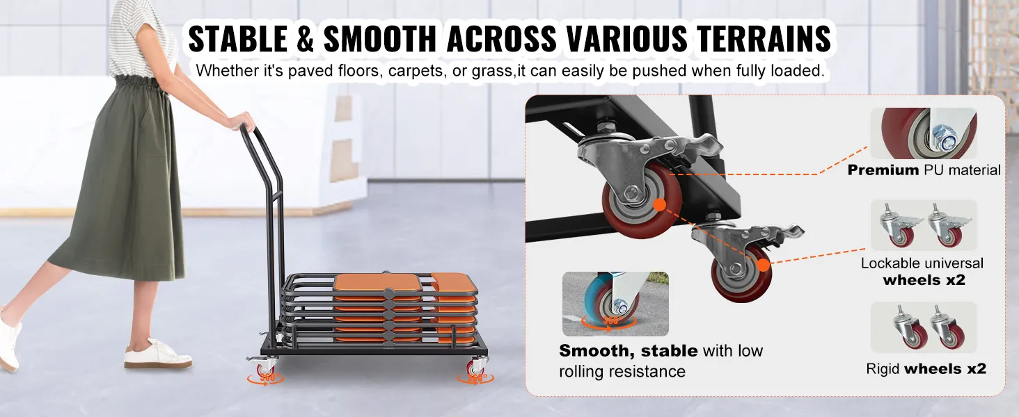 VEVOR folding chair dolly with smooth-rolling universal and rigid wheels, ideal for various terrains.