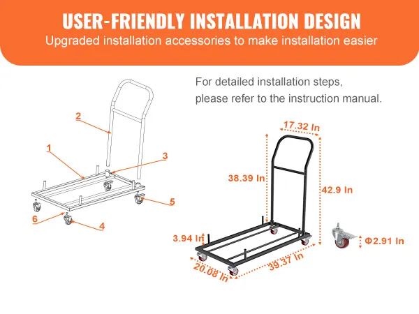 VEVOR folding chair dolly installation guide with labeled parts and dimensions for easy assembly.