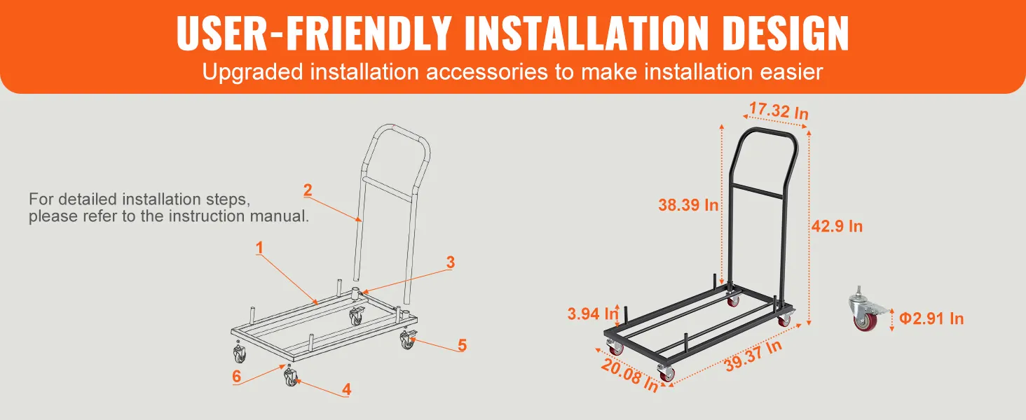 VEVOR folding chair dolly installation guide with labeled parts and dimensions for easy assembly.