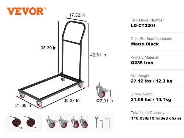 VEVOR folding chair dolly with a matte black finish, holds 12 chairs, dimensions 39.37x21.06x42.91 inches.