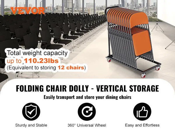 VEVOR folding chair dolly showcasing vertical storage with 12 orange chairs in a conference room.