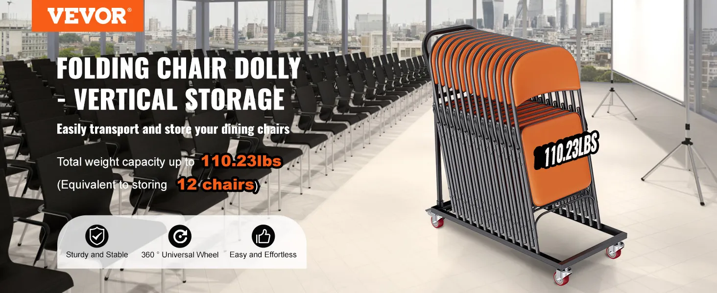 VEVOR folding chair dolly showcasing vertical storage with 12 orange chairs in a conference room.
