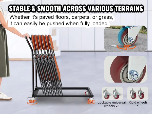 VEVOR folding chair dolly with lockable wheels and premium pu material, easily pushed on various terrains.