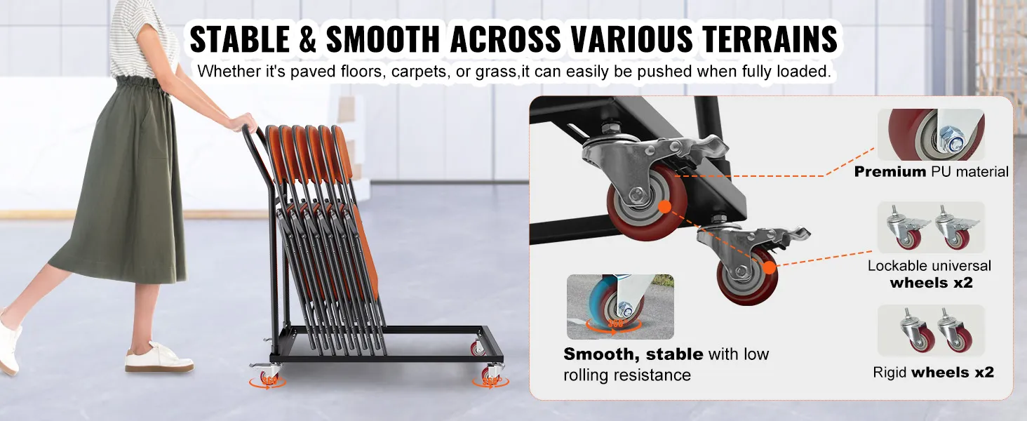 VEVOR folding chair dolly with lockable wheels and premium pu material, easily pushed on various terrains.