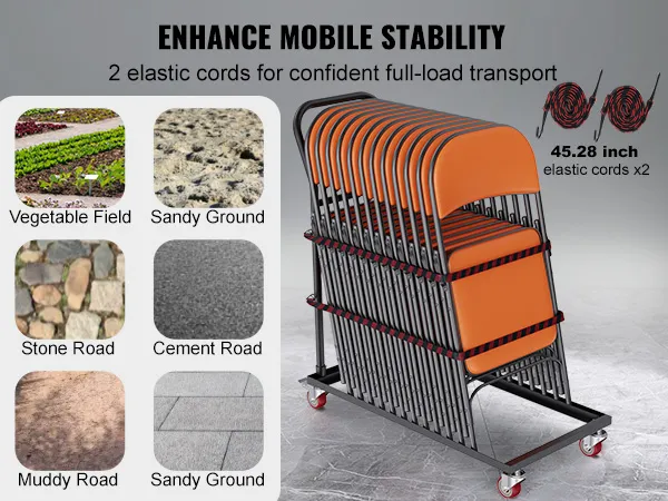 VEVOR folding chair dolly with orange chairs, elastic cords, and multi-terrain mobility for easy transport.