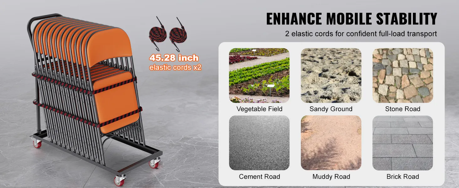 VEVOR folding chair dolly with orange chairs, elastic cords, and multi-terrain mobility for easy transport.