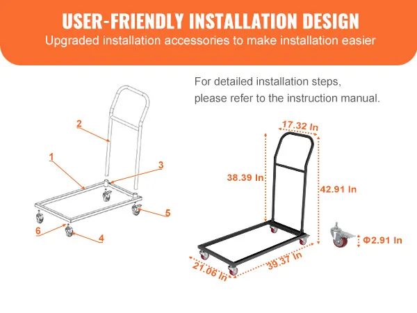 VEVOR folding chair dolly with user-friendly installation design and detailed dimensions for easy setup.