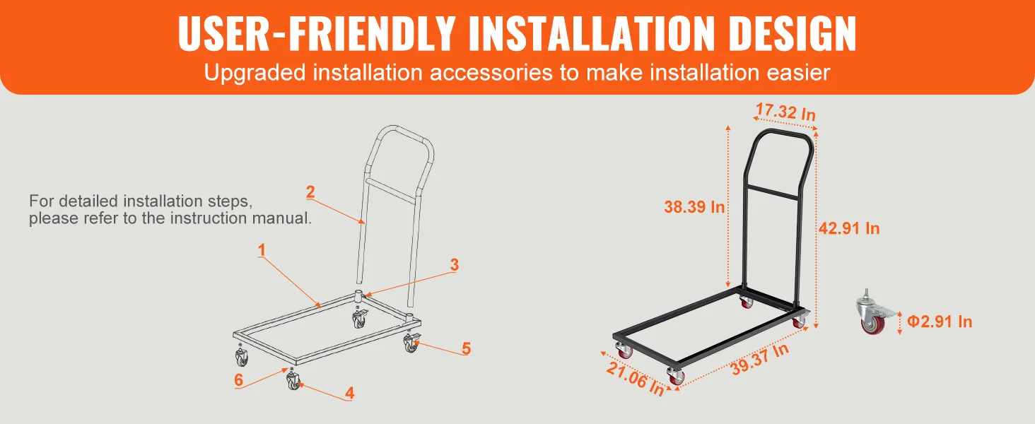 VEVOR folding chair dolly with user-friendly installation design and detailed dimensions for easy setup.