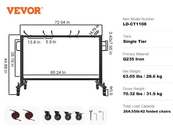 VEVOR folding chair cart, matte black, q235 iron, holds 42 chairs, dimensions shown, single-tier design.