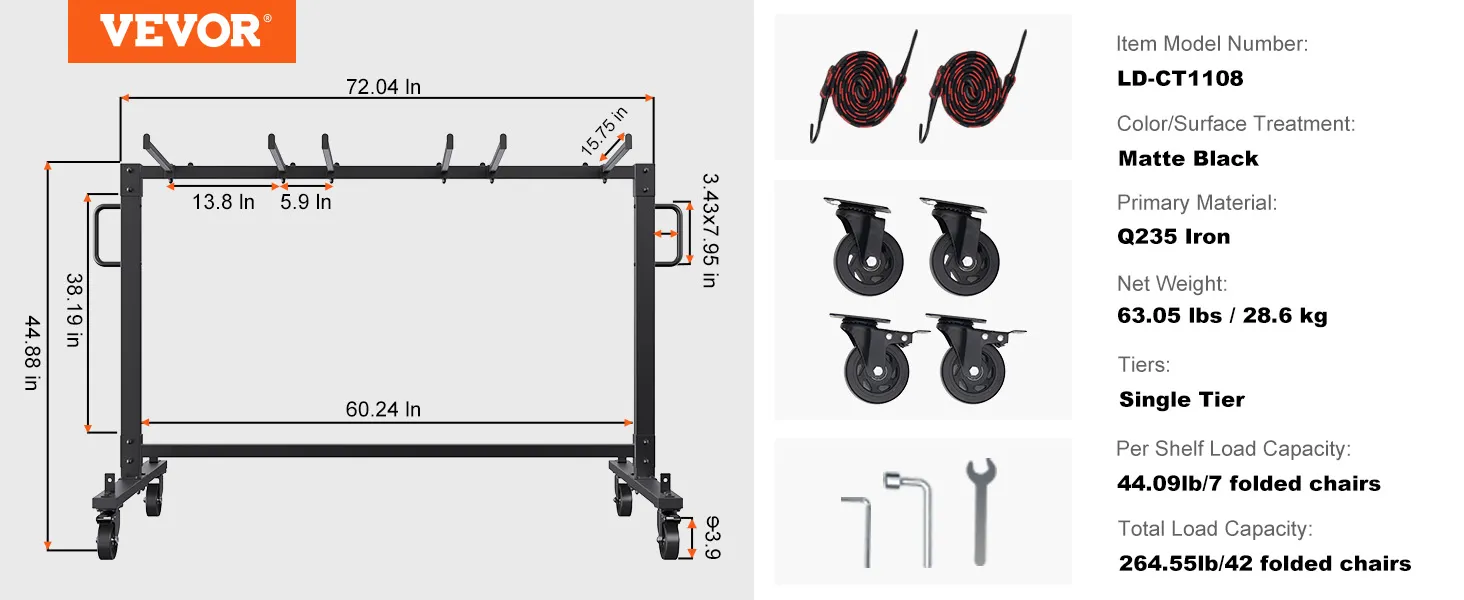 VEVOR folding chair cart, matte black, q235 iron, holds 42 chairs, dimensions shown, single-tier design.