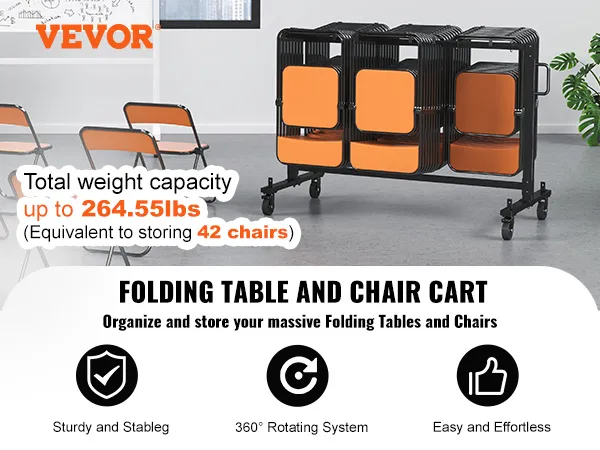 Carrito para silla plegable VEVOR con capacidad de 264,55 libras, que puede almacenar hasta 42 sillas, presenta un diseño resistente y una rotación de 360°.